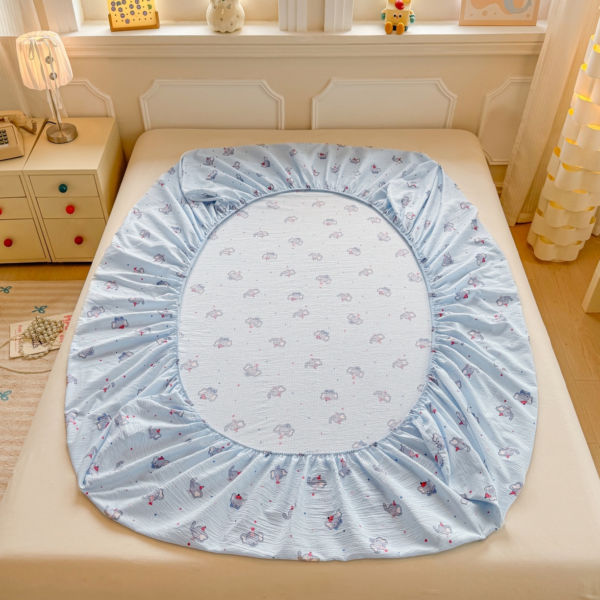 91家纺网 家纺一手货源 找家纺 汣沐生活 2025新款A类木棉双层纱印花床笠 蔚蓝梦象