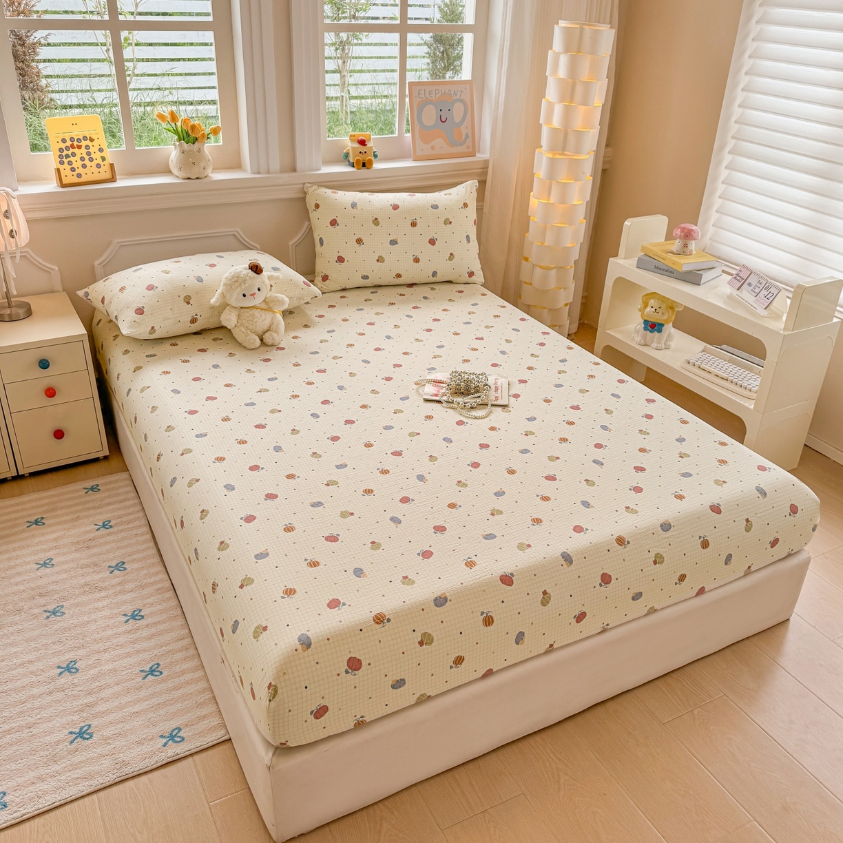 91家纺网 家纺一手货源 找家纺 汣沐生活 2025新款A类木棉双层纱印花床笠 南瓜田园记