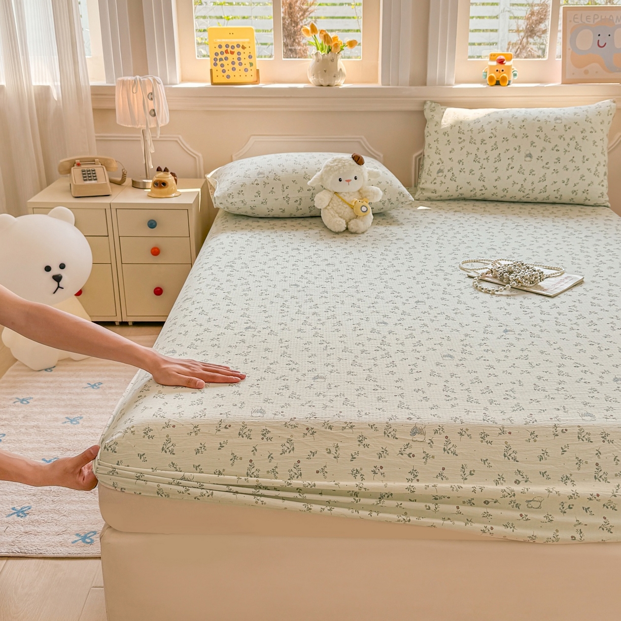 91家纺网 家纺一手货源 找家纺 汣沐生活 2025新款A类木棉双层纱印花床笠 森林萌兔