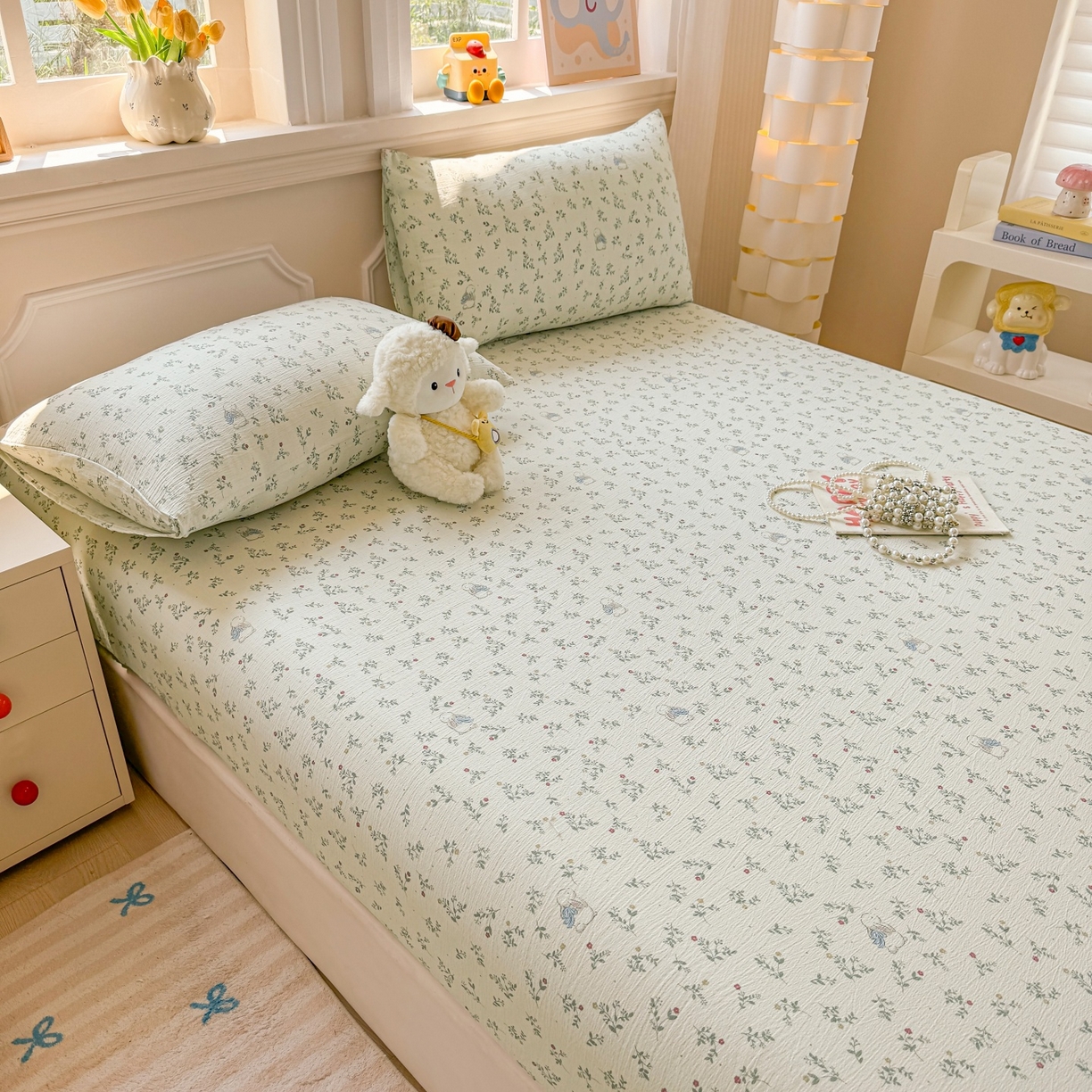 91家纺网 家纺一手货源 找家纺 汣沐生活 2025新款A类木棉双层纱印花床笠 森林萌兔