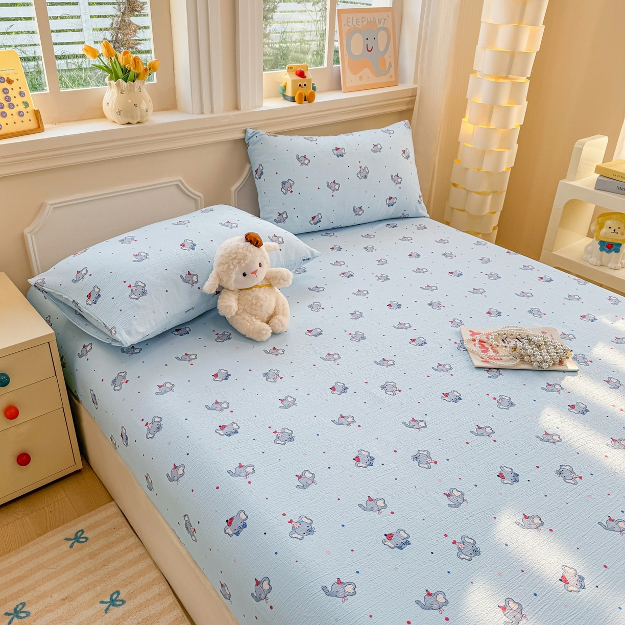 91家纺网 家纺一手货源 找家纺 汣沐生活 2025新款A类木棉双层纱印花床笠 蔚蓝梦象