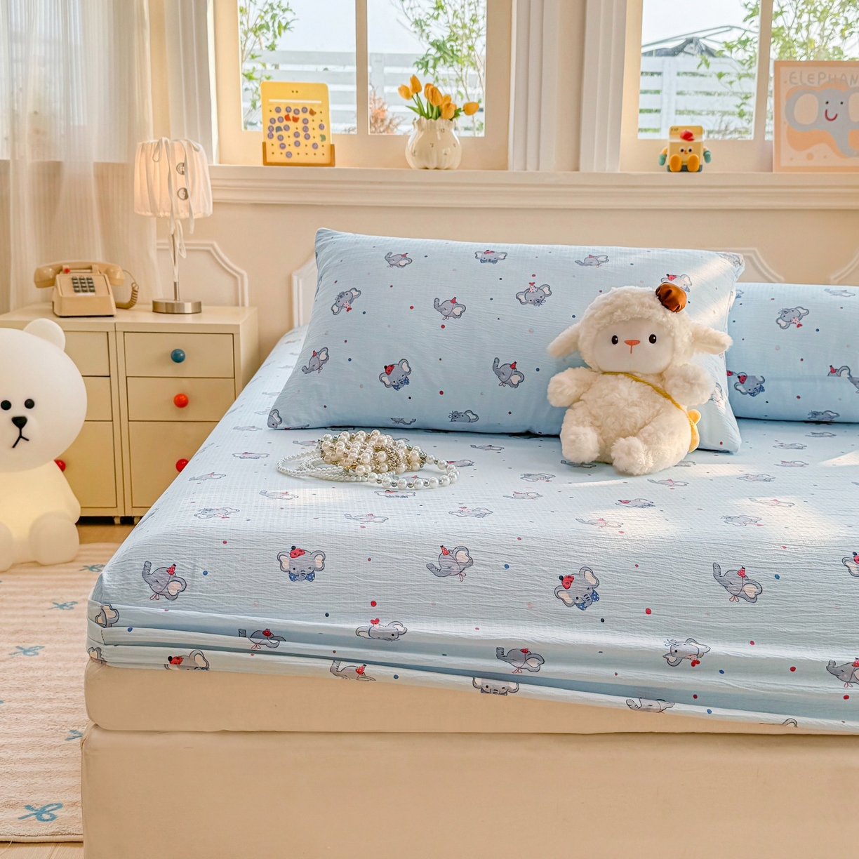 91家纺网 家纺一手货源 找家纺 汣沐生活 2025新款A类木棉双层纱印花床笠 蔚蓝梦象