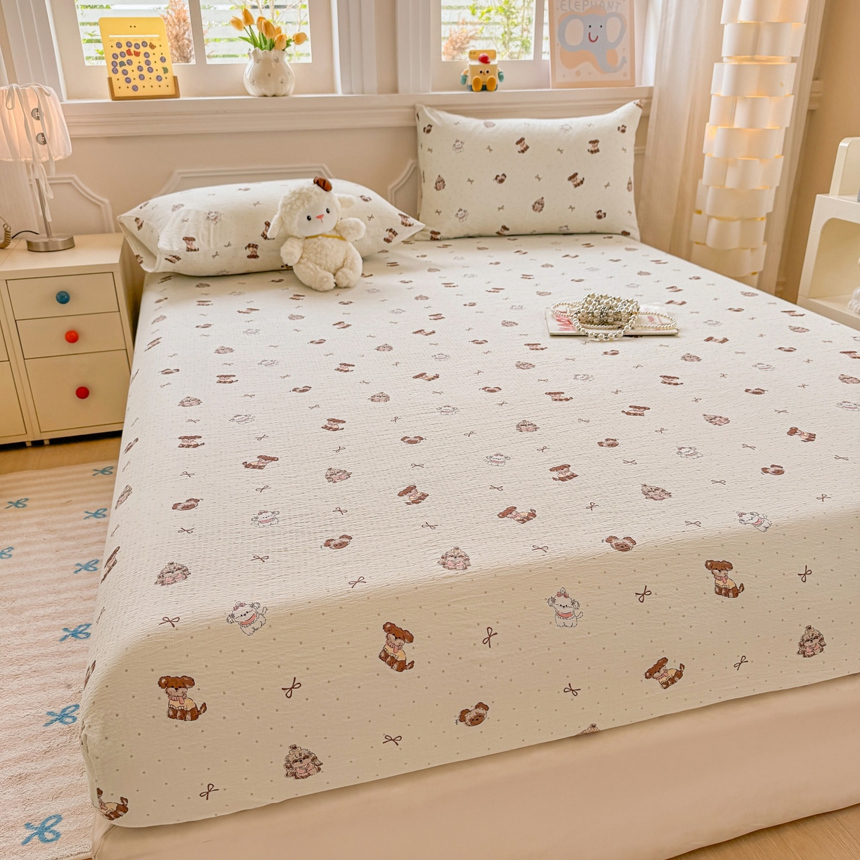 91家纺网 家纺一手货源 找家纺 汣沐生活 2025新款A类木棉双层纱印花床笠 香榭萌犬