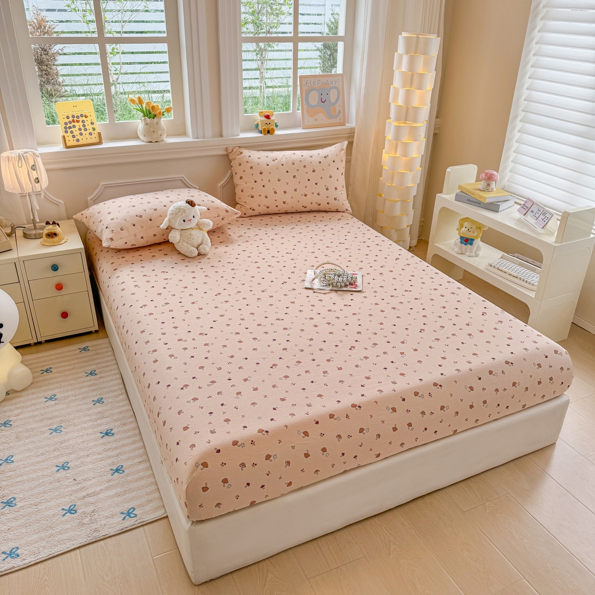 91家纺网 家纺一手货源 找家纺 汣沐生活 2025新款A类木棉双层纱印花床笠 焦糖奶蘑