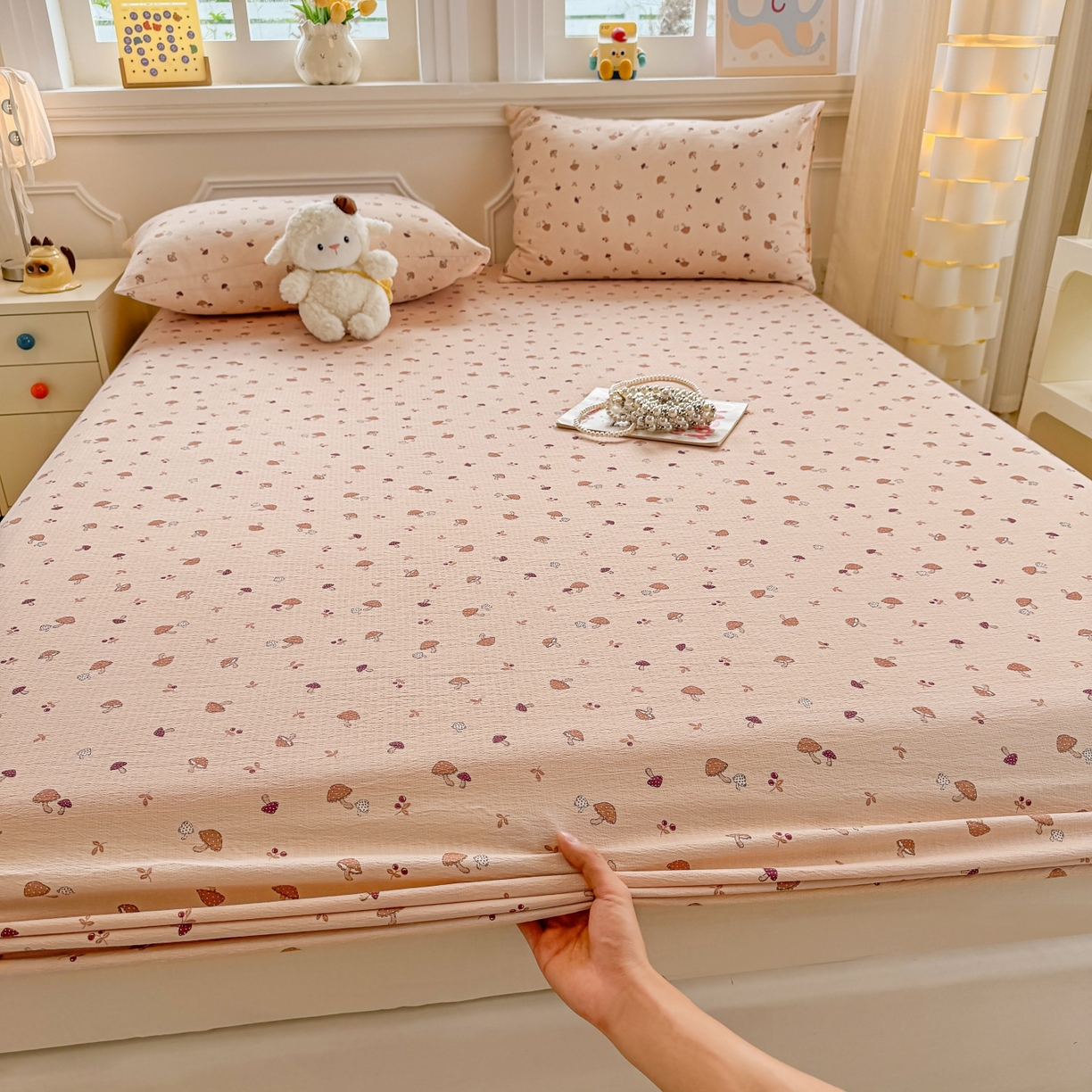 汣沐生活 2025新款A类木棉双层纱印花床笠 焦糖奶蘑