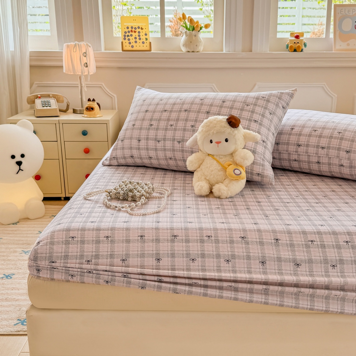 91家纺网 家纺一手货源 找家纺 汣沐生活 2025新款A类木棉双层纱印花床笠 云梦蝶结