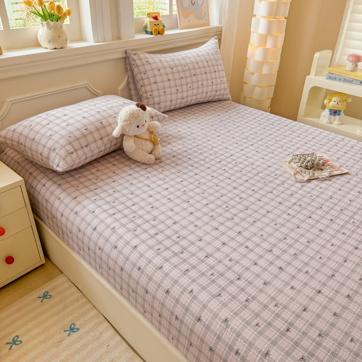 91家纺网 家纺一手货源 找家纺 汣沐生活 2025新款A类木棉双层纱印花床笠 云梦蝶结