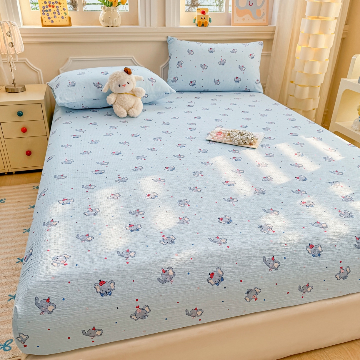 91家纺网 家纺一手货源 找家纺 汣沐生活 2025新款A类木棉双层纱印花床笠 蔚蓝梦象