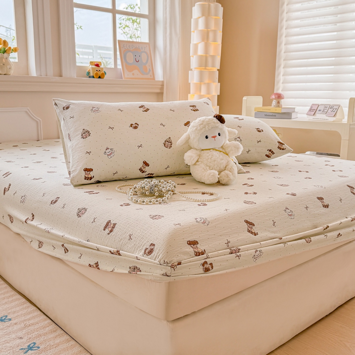 91家纺网 家纺一手货源 找家纺 汣沐生活 2025新款A类木棉双层纱印花床笠 香榭萌犬