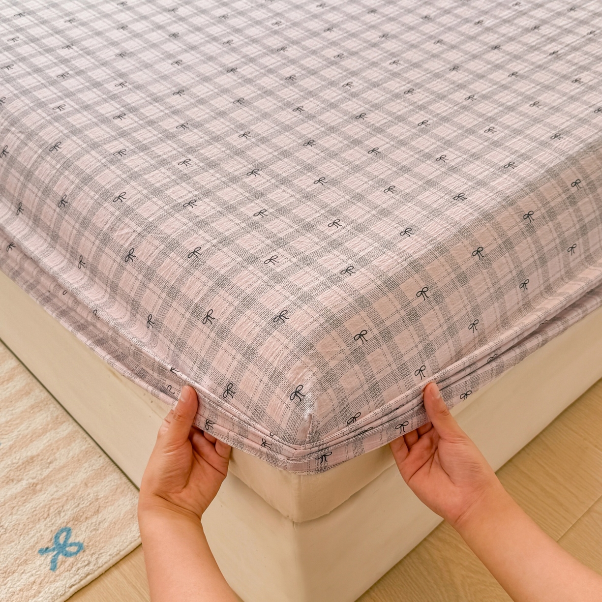 91家纺网 家纺一手货源 找家纺 汣沐生活 2025新款A类木棉双层纱印花床笠 云梦蝶结