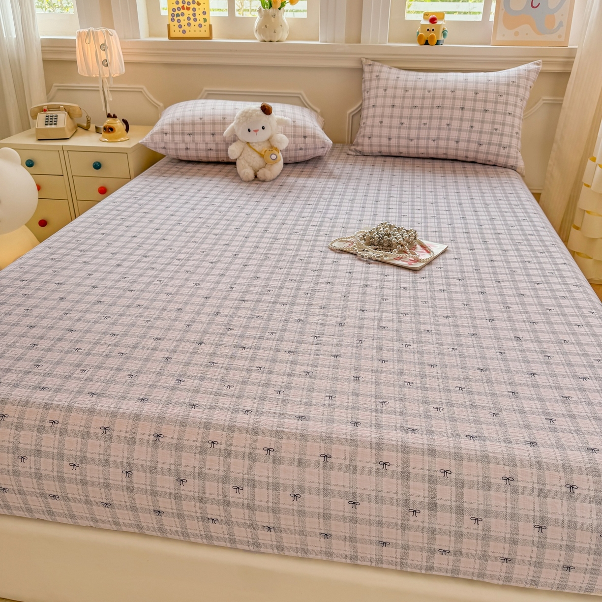 91家纺网 家纺一手货源 找家纺 汣沐生活 2025新款A类木棉双层纱印花床笠 云梦蝶结