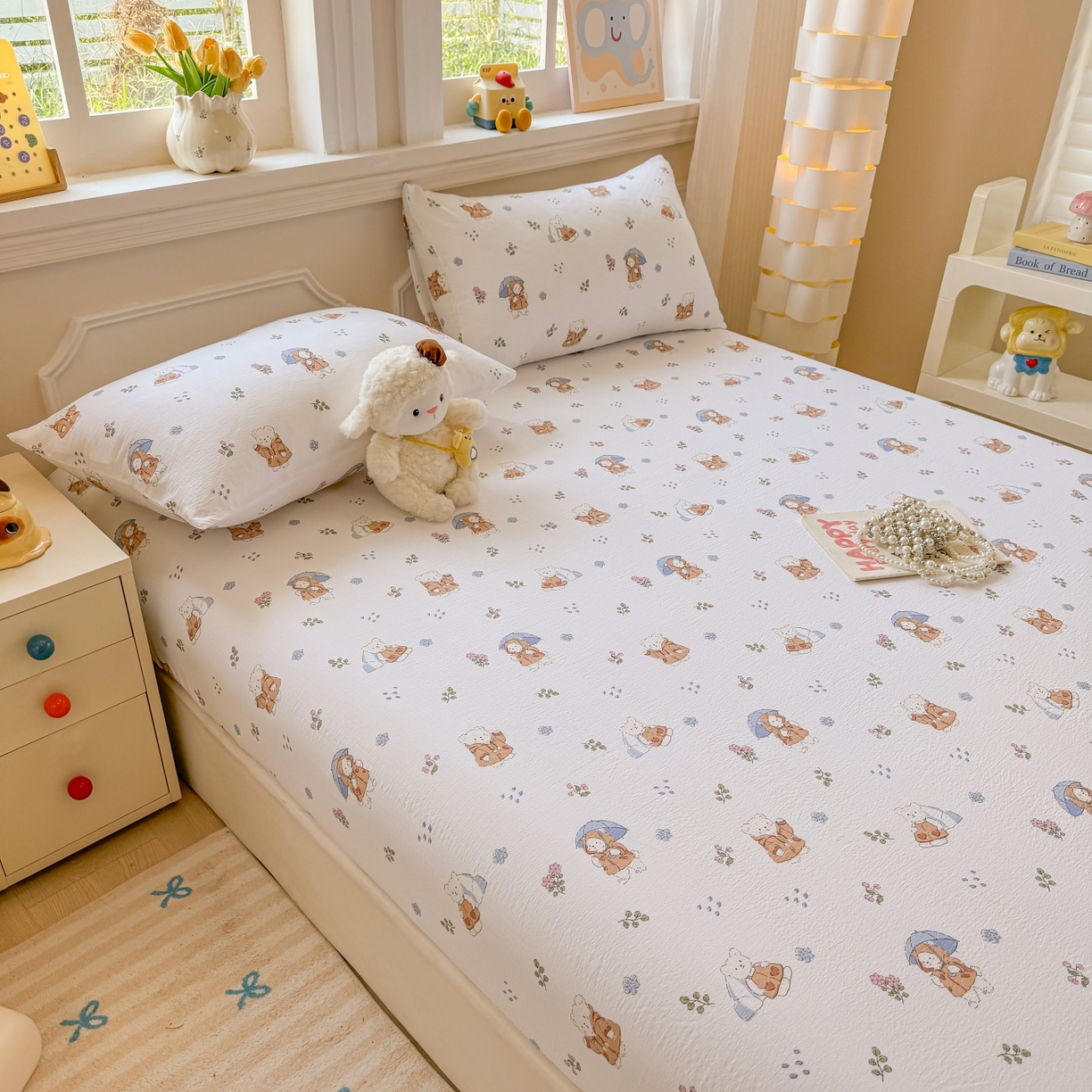 91家纺网 家纺一手货源 找家纺 汣沐生活 2025新款A类木棉双层纱印花床笠 小熊雨趣