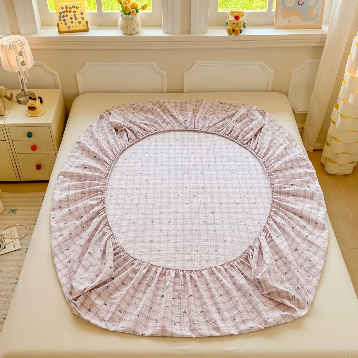 91家纺网 家纺一手货源 找家纺 汣沐生活 2025新款A类木棉双层纱印花床笠 云梦蝶结