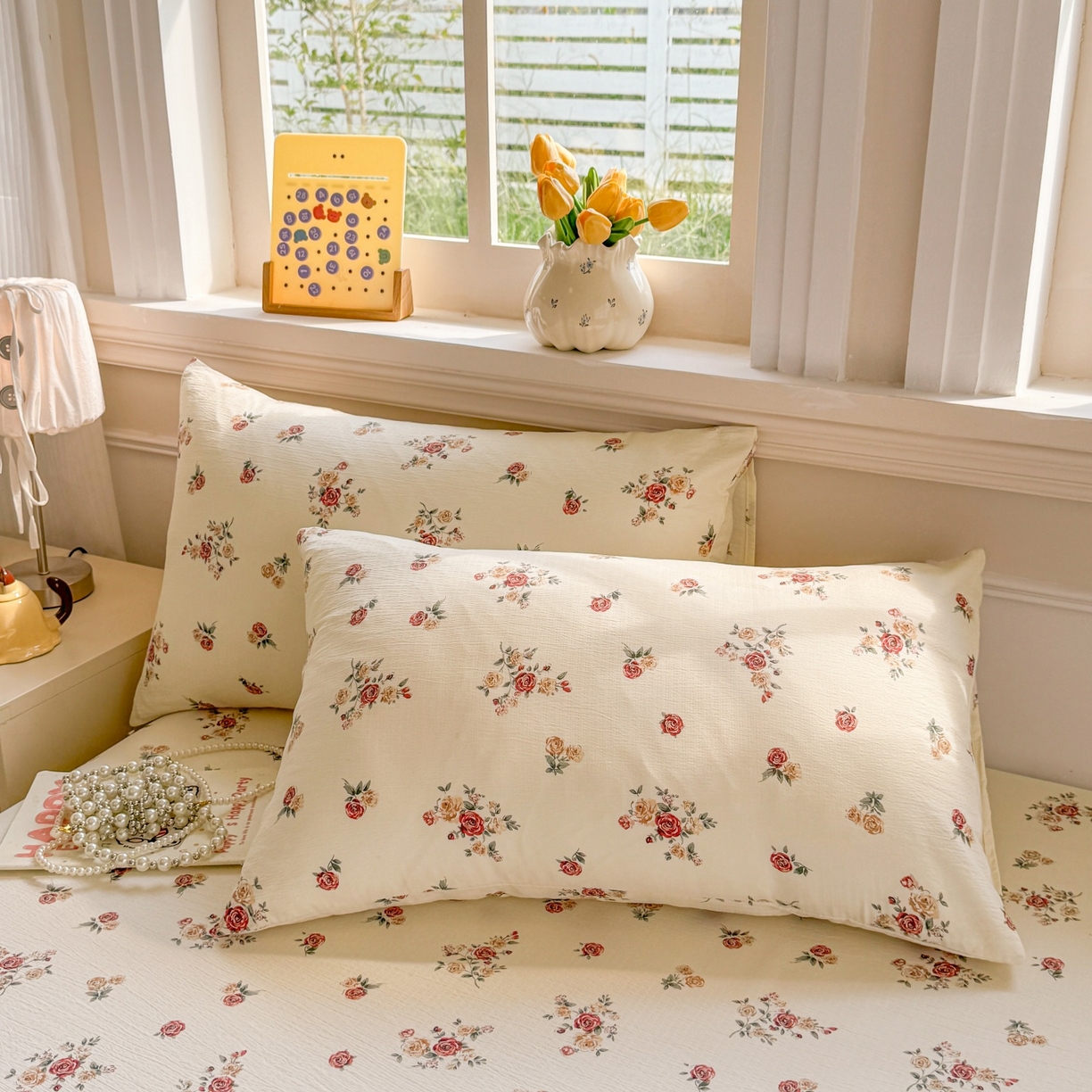 91家纺网 家纺一手货源 找家纺 汣沐生活 2025新款A类木棉双层纱印花床笠 玫瑰庄园