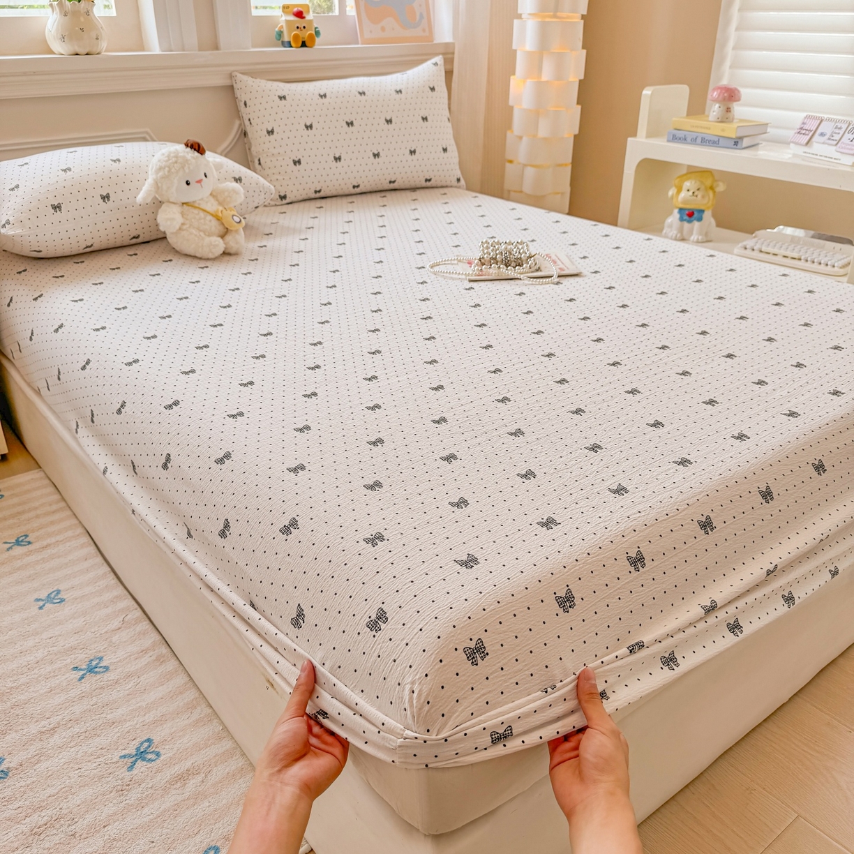 91家纺网 家纺一手货源 找家纺 汣沐生活 2025新款A类木棉双层纱印花床笠 星梦蝴蝶结