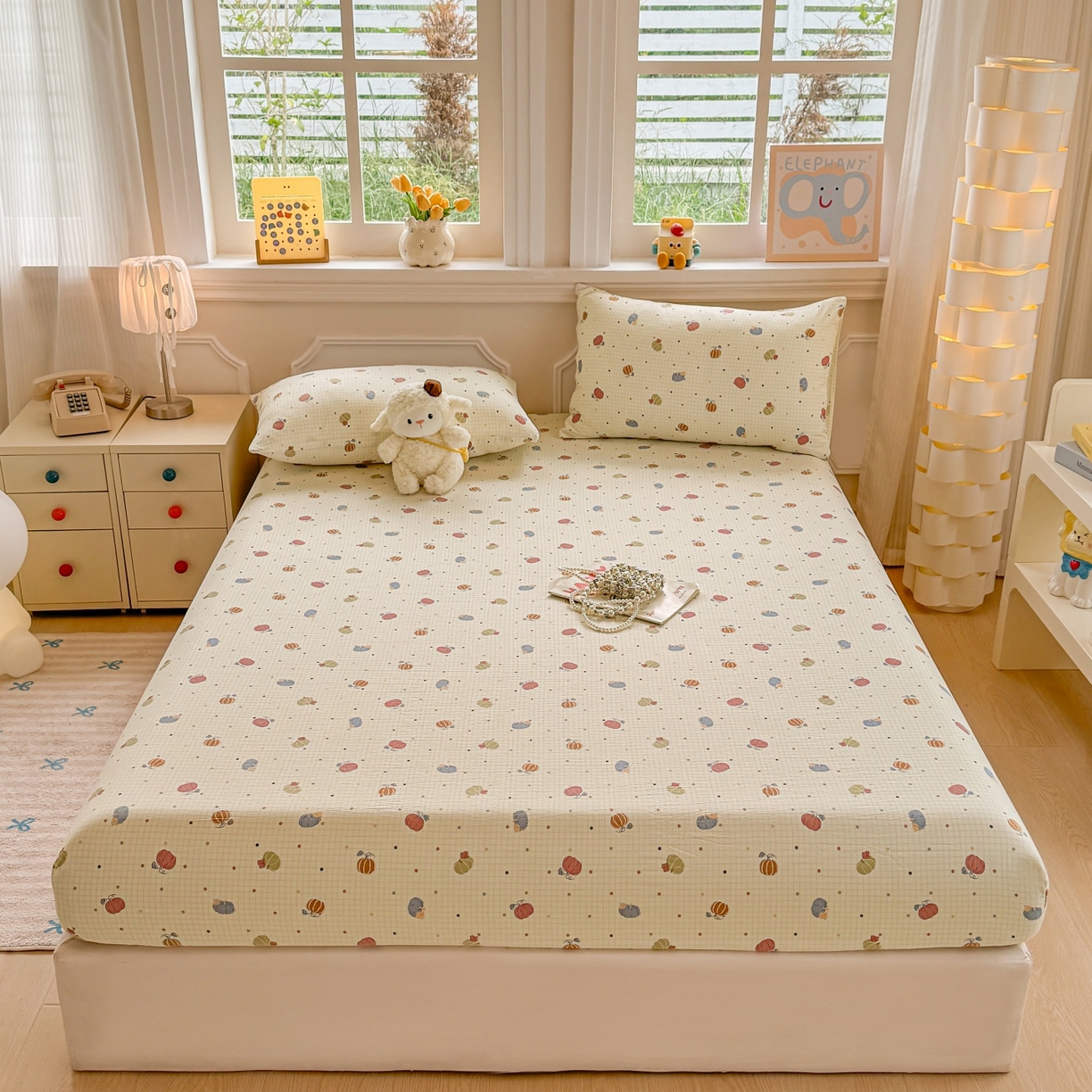 91家纺网 家纺一手货源 找家纺 汣沐生活 2025新款A类木棉双层纱印花床笠 南瓜田园记