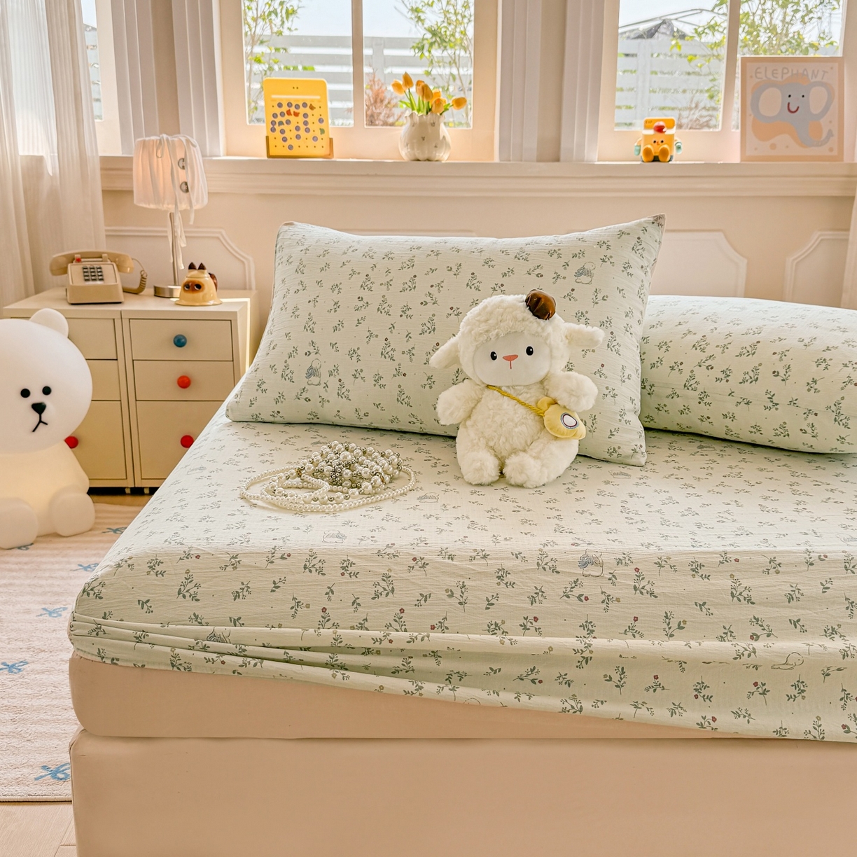 91家纺网 家纺一手货源 找家纺 汣沐生活 2025新款A类木棉双层纱印花床笠 森林萌兔