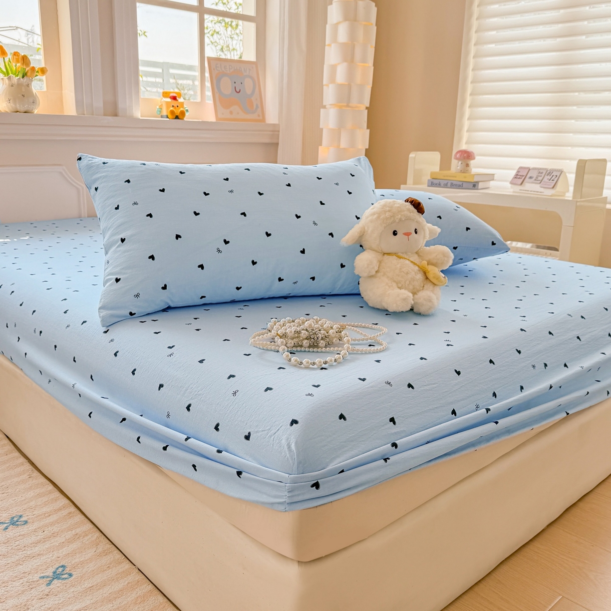 91家纺网 家纺一手货源 找家纺 汣沐生活 2025新款A类木棉双层纱印花床笠 心意满满