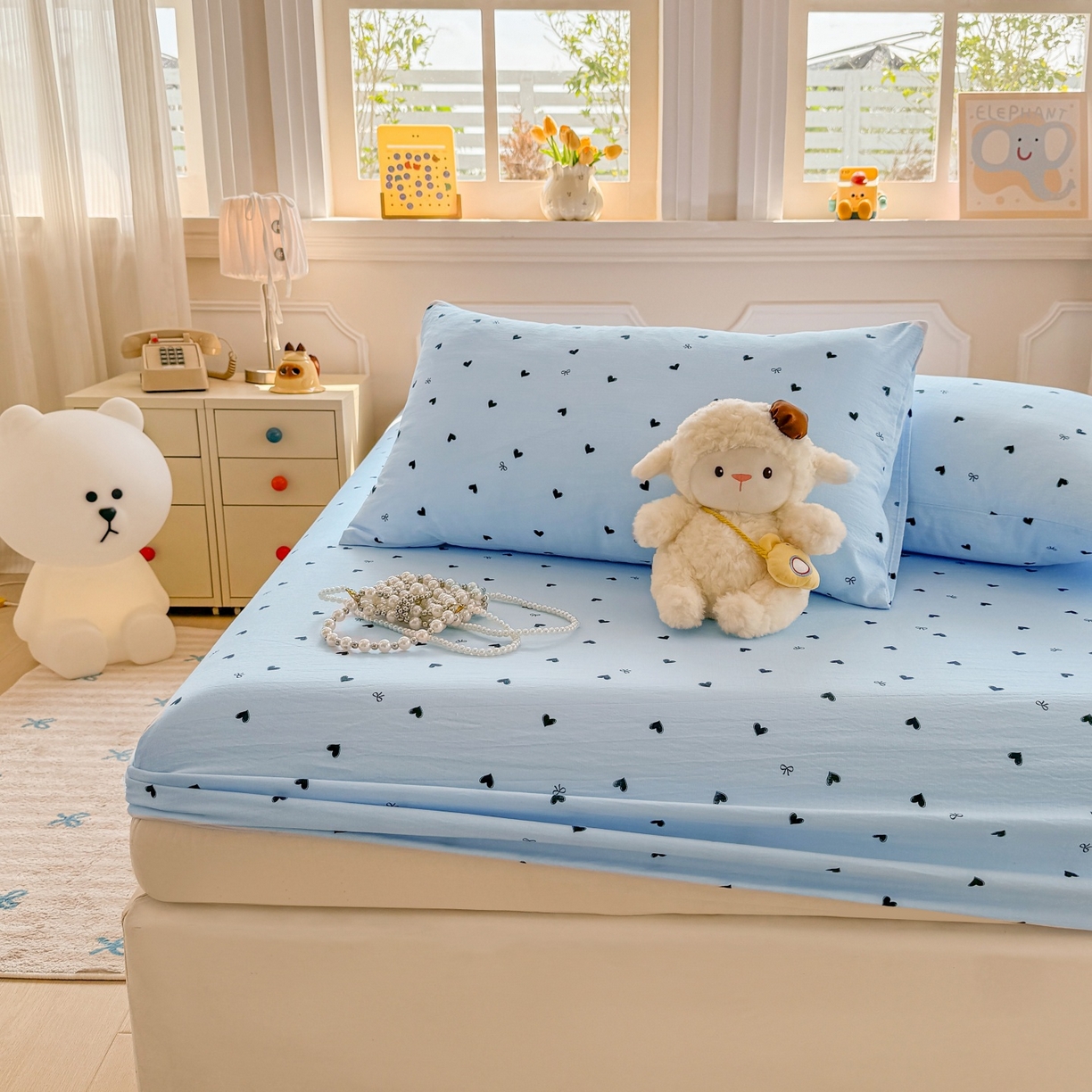 91家纺网 家纺一手货源 找家纺 汣沐生活 2025新款A类木棉双层纱印花床笠 心意满满