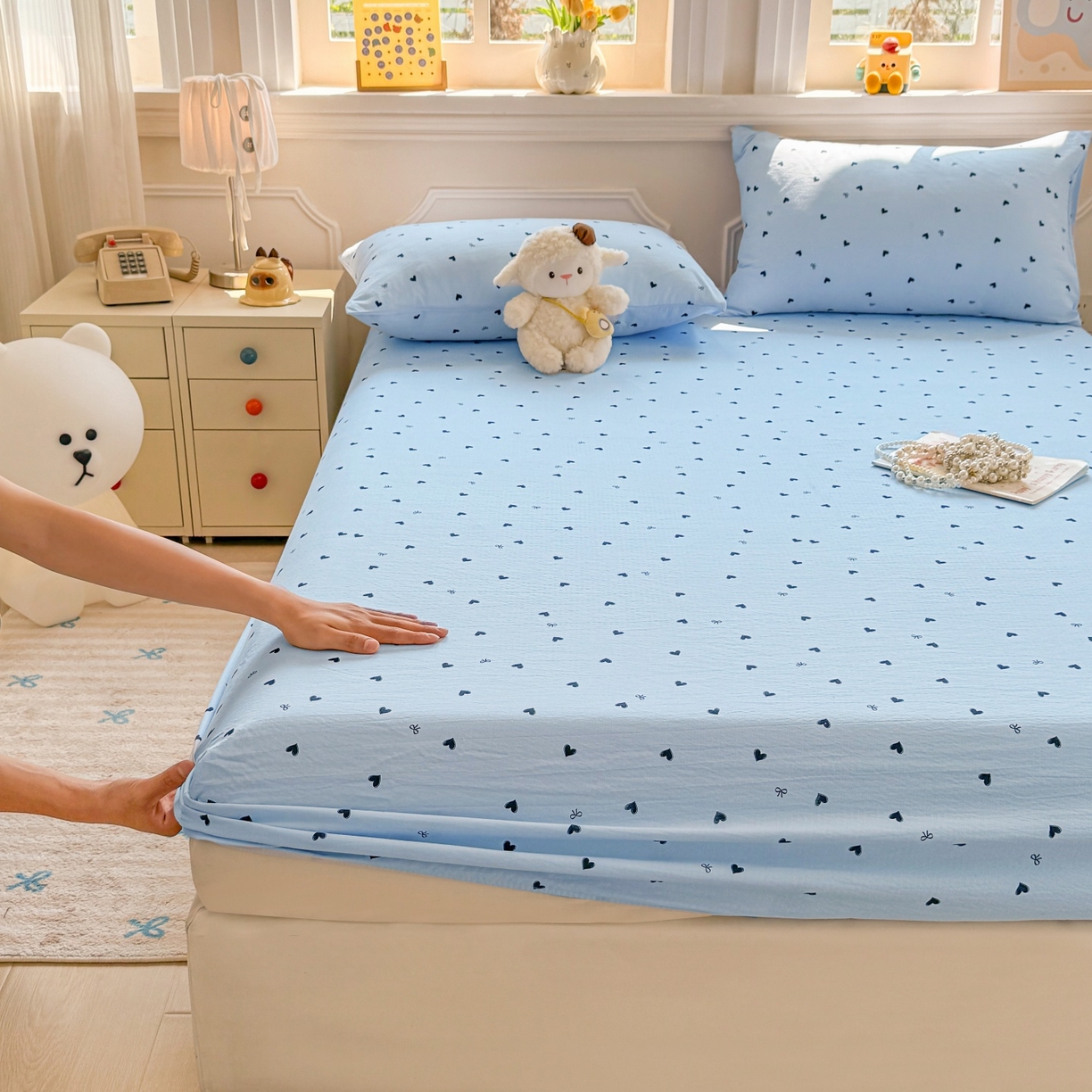 91家纺网 家纺一手货源 找家纺 汣沐生活 2025新款A类木棉双层纱印花床笠 心意满满