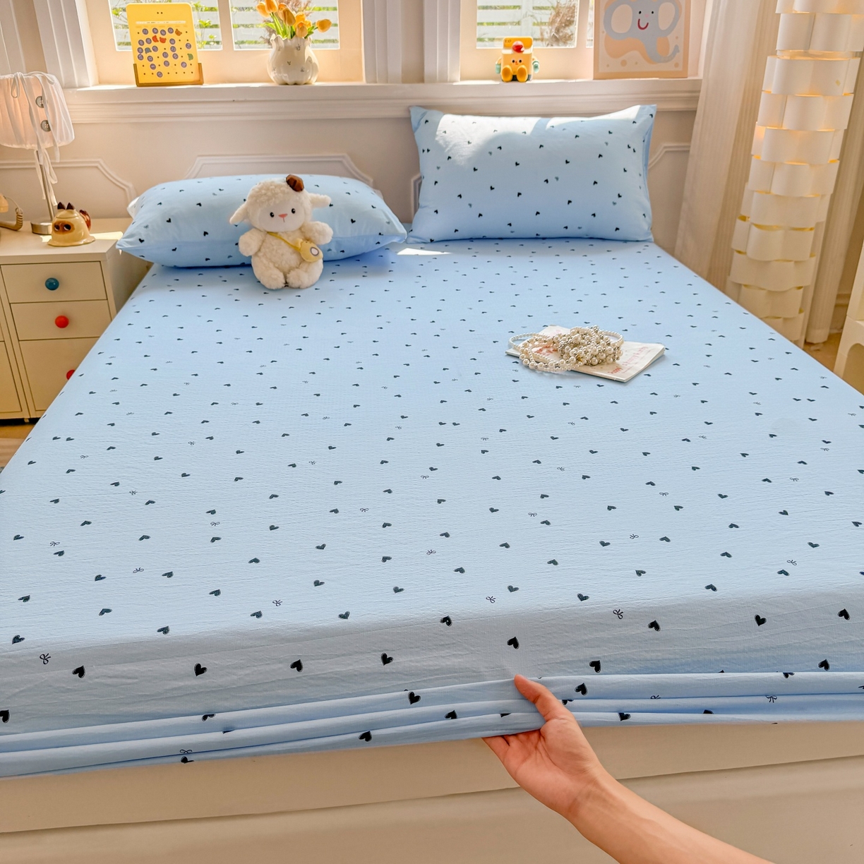 汣沐生活 2025新款A类木棉双层纱印花床笠 心意满满