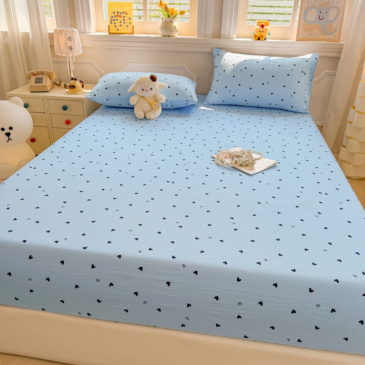 91家纺网 家纺一手货源 找家纺 汣沐生活 2025新款A类木棉双层纱印花床笠 心意满满