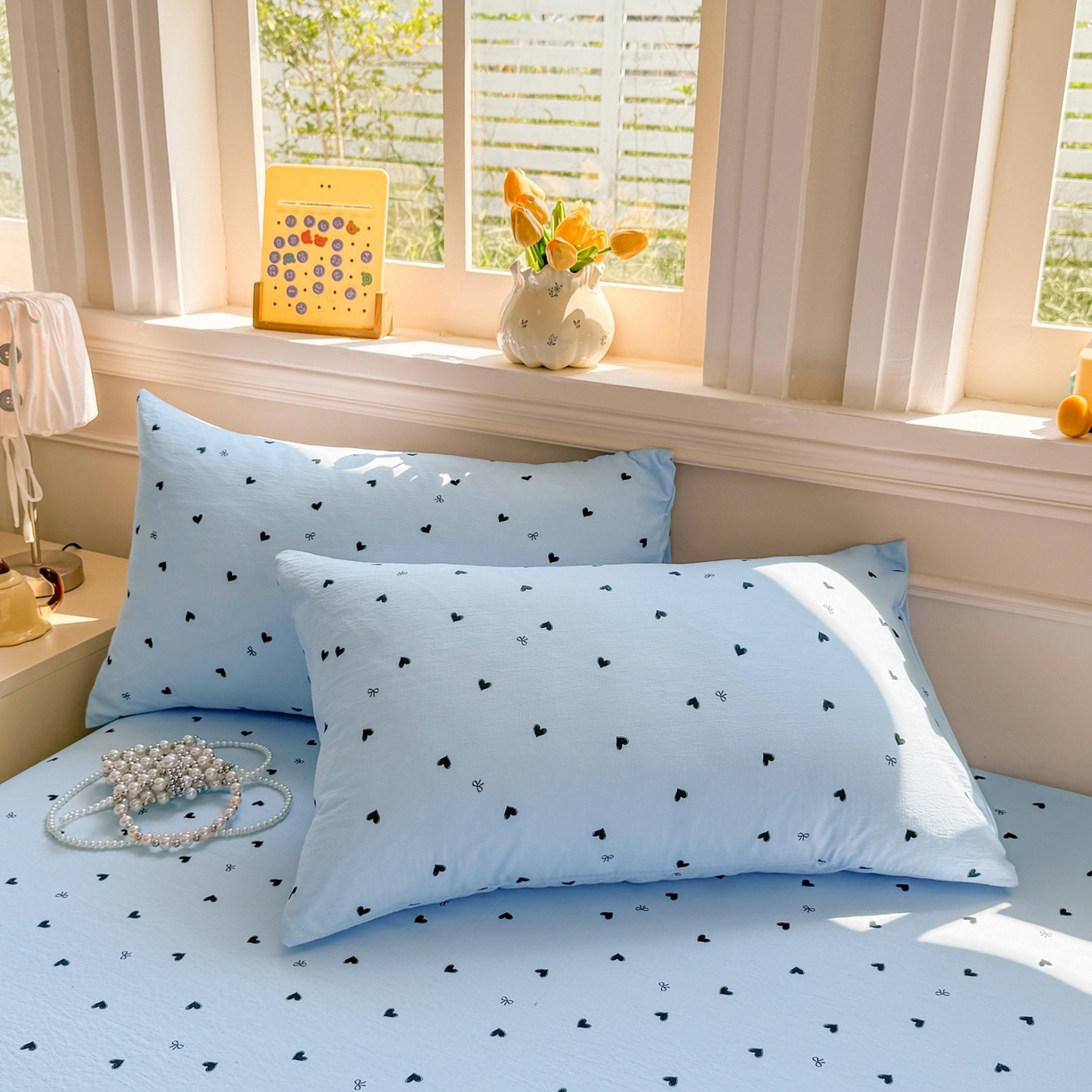 91家纺网 家纺一手货源 找家纺 汣沐生活 2025新款A类木棉双层纱印花床笠 心意满满