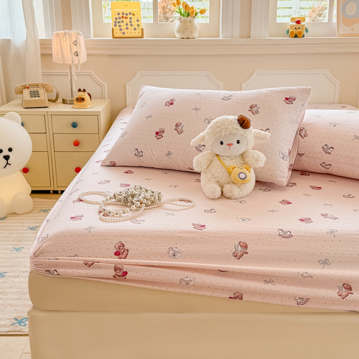 91家纺网 家纺一手货源 找家纺 汣沐生活 2025新款A类木棉双层纱印花床笠 小熊甜梦