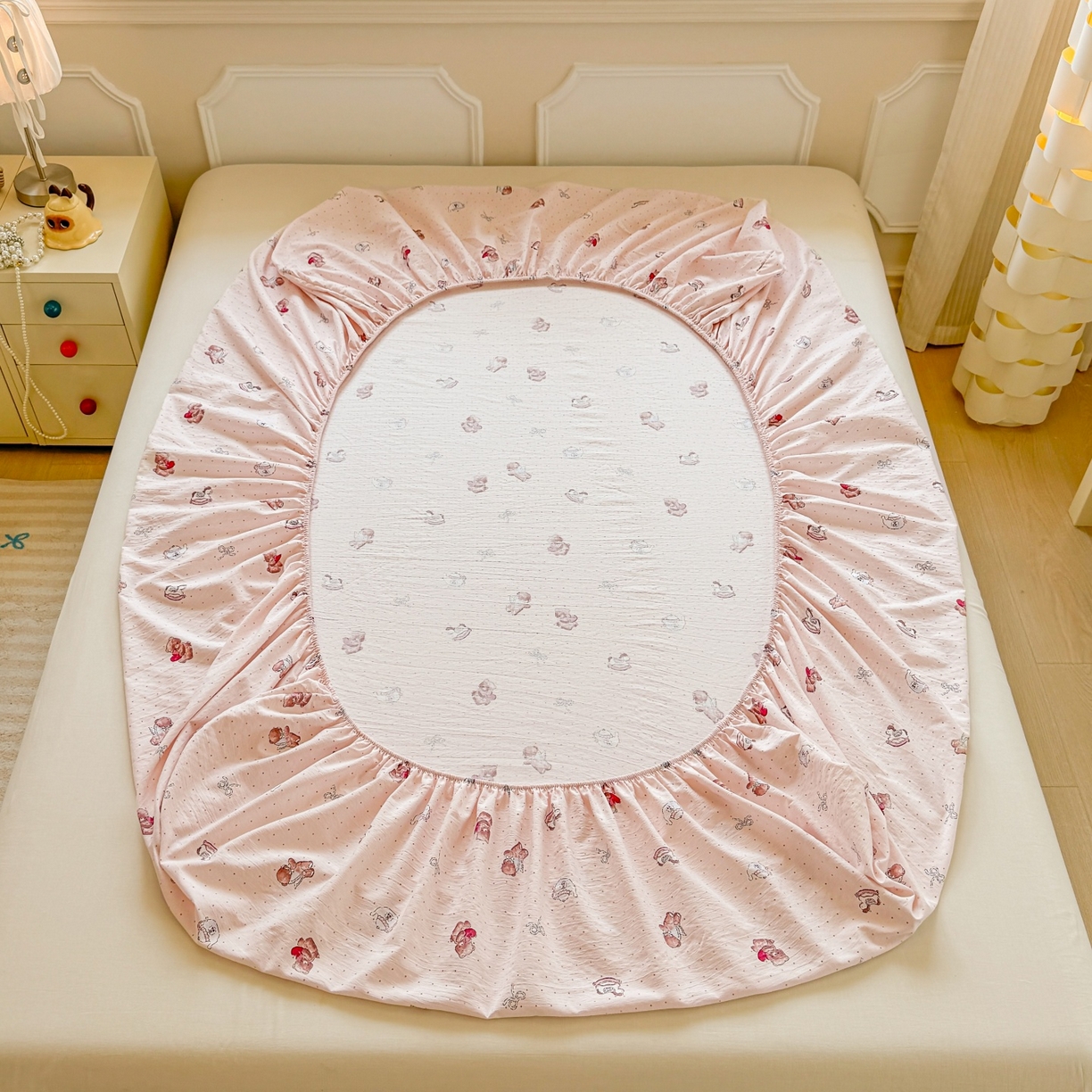 91家纺网 家纺一手货源 找家纺 汣沐生活 2025新款A类木棉双层纱印花床笠 小熊甜梦