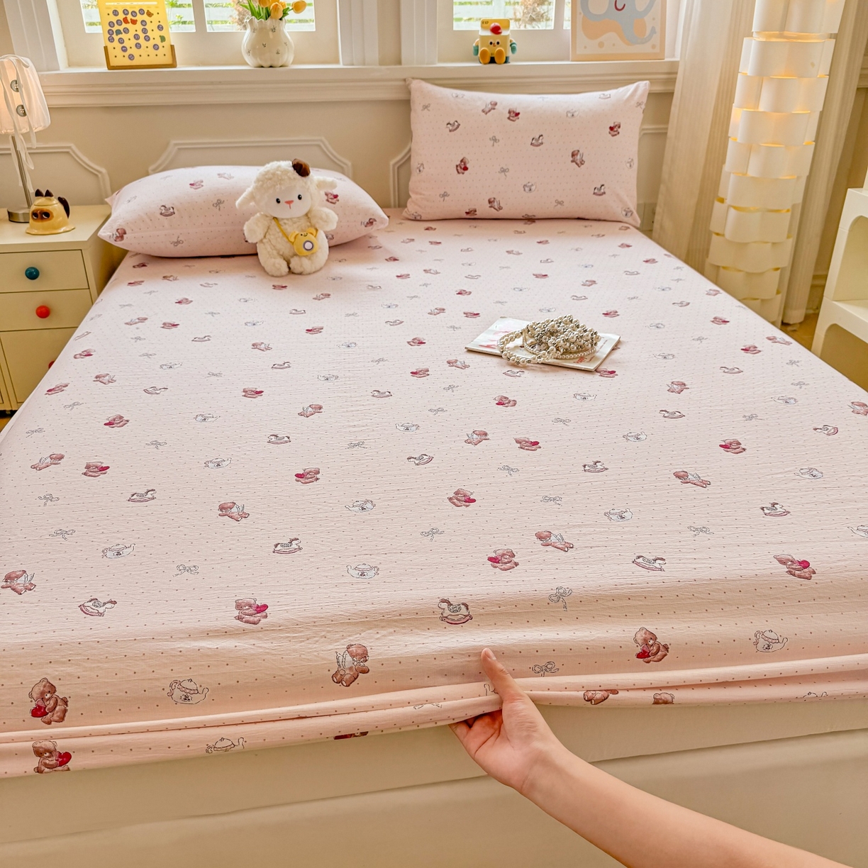 汣沐生活 2025新款A类木棉双层纱印花床笠 小熊甜梦