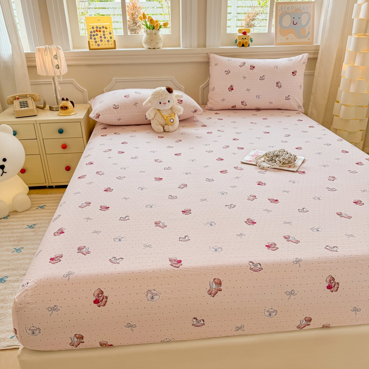 91家纺网 家纺一手货源 找家纺 汣沐生活 2025新款A类木棉双层纱印花床笠 小熊甜梦