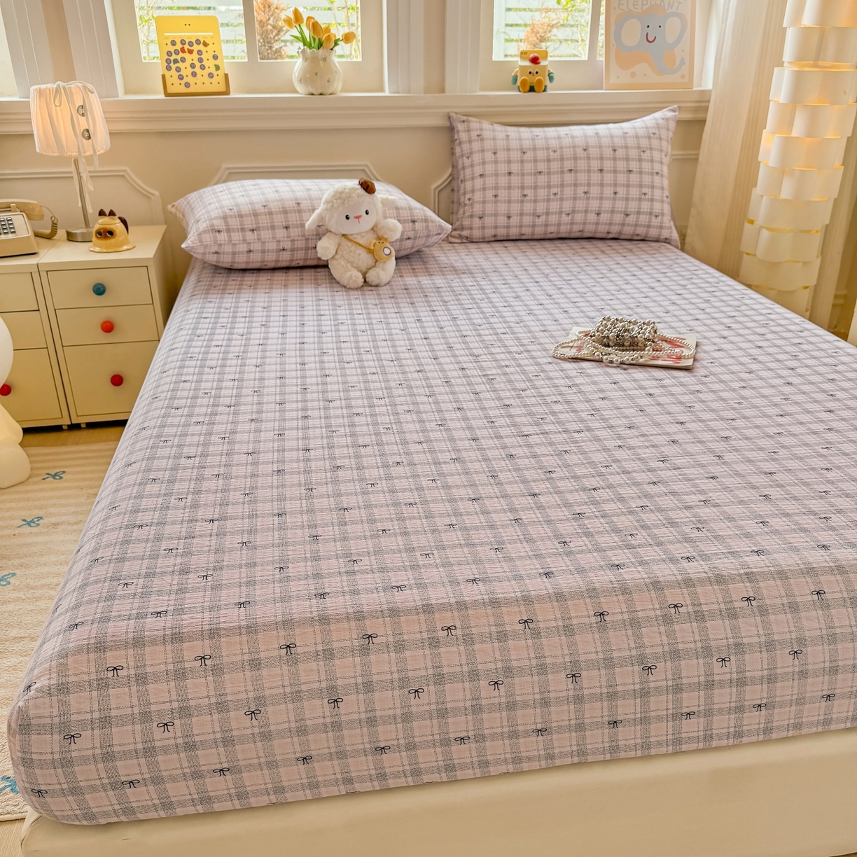 91家纺网 家纺一手货源 找家纺 汣沐生活 2025新款A类木棉双层纱印花床笠 云梦蝶结