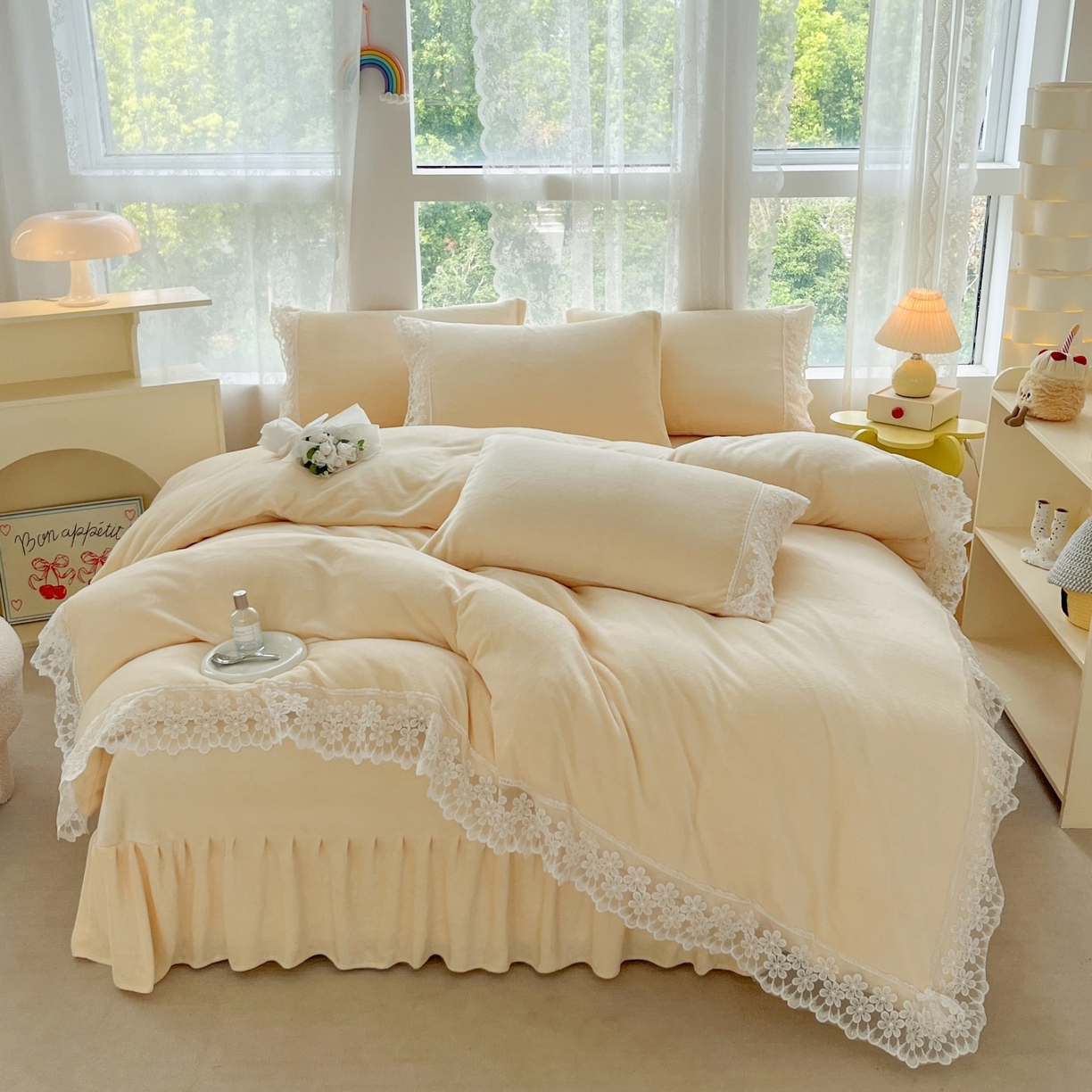 91家纺网 家纺一手货源 找家纺 （总）汣沐生活 2025新款奶油风纯色牛奶绒花边四件套三件套