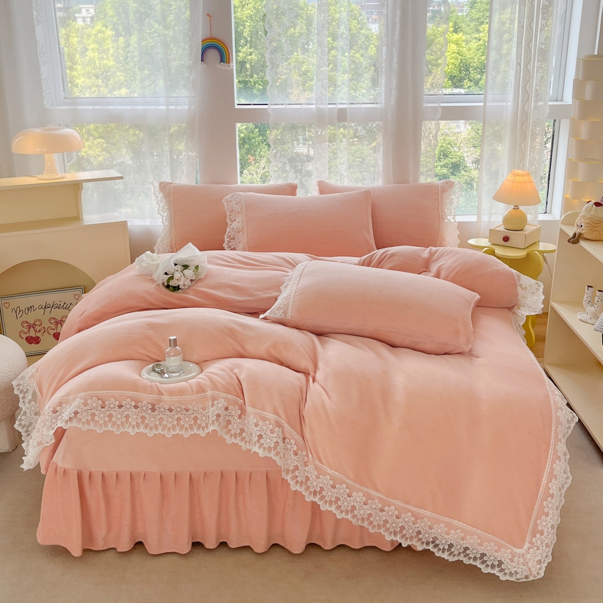 汣沐生活 2025新款奶油风纯色牛奶绒花边四件套三件套 花边款-蜜桃清茶
