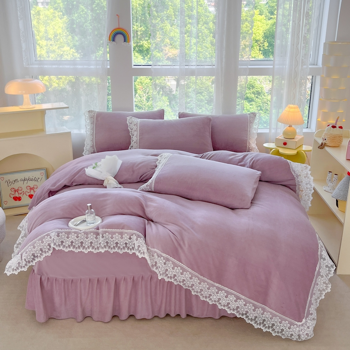 91家纺网 家纺一手货源 找家纺 （总）汣沐生活 2025新款奶油风纯色牛奶绒花边四件套三件套