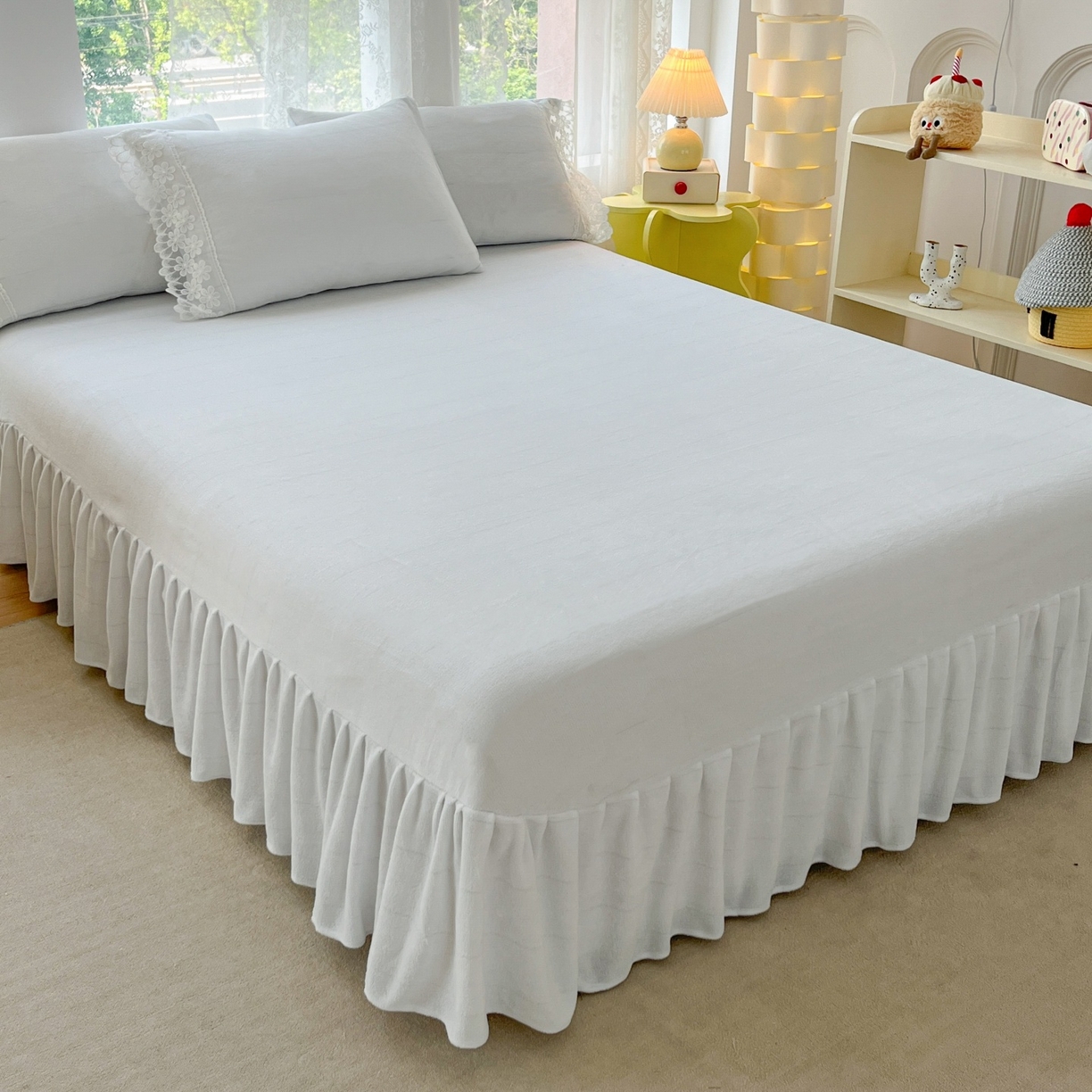 91家纺网 家纺一手货源 找家纺 汣沐生活 2025新款奶油风纯色牛奶绒花边四件套三件套 花边款-海盐芝士