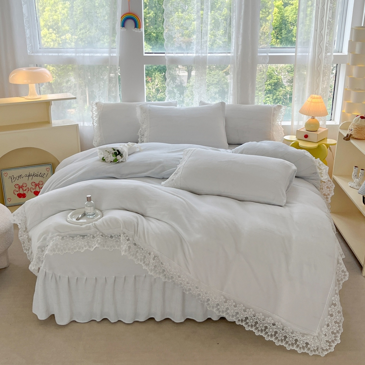 汣沐生活 2025新款奶油风纯色牛奶绒花边四件套三件套 花边款-海盐芝士