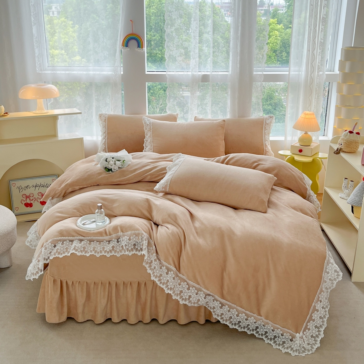 汣沐生活 2025新款奶油风纯色牛奶绒花边四件套三件套 花边款-可可奶茶