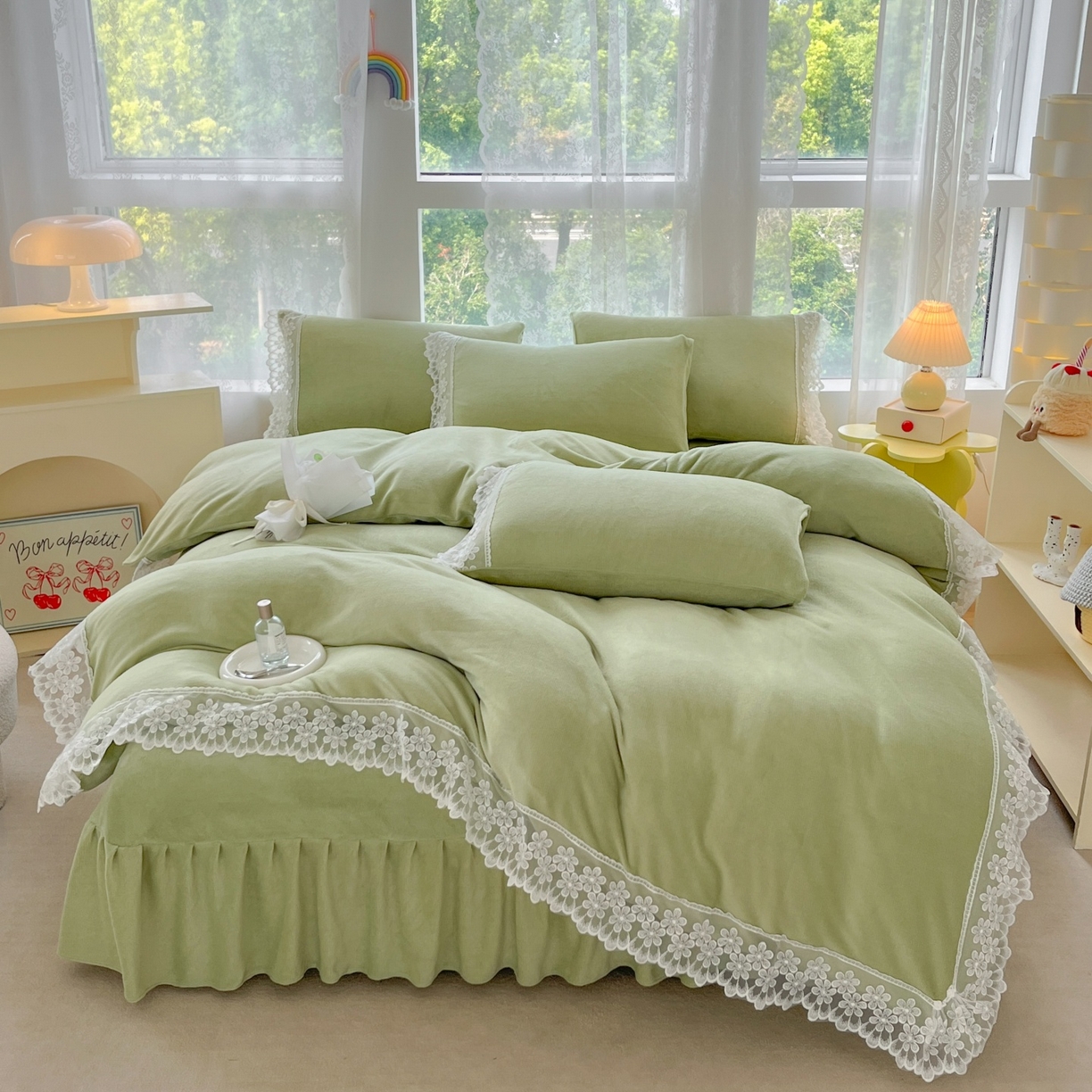 汣沐生活 2025新款奶油风纯色牛奶绒花边四件套三件套 花边款-牛油果绿