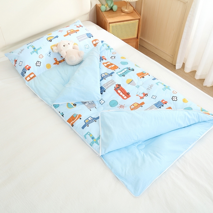 91家纺网 家纺一手货源 找家纺 麦吻儿童家居 2025新款儿童全棉睡袋男孩女孩午托防踢被40支纯棉床品被子睡袋两用可机洗 巴士乐园