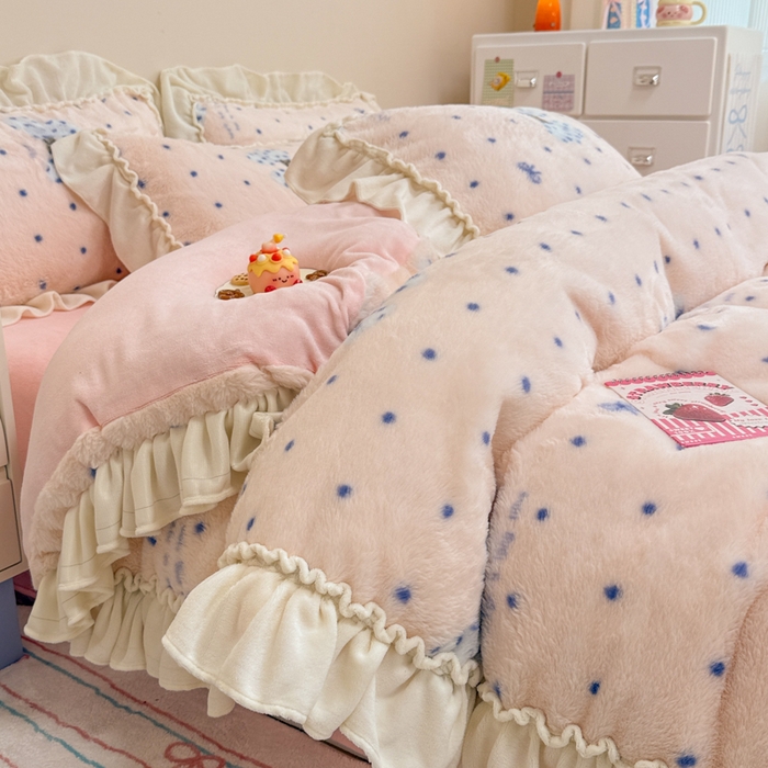 91家纺网 家纺一手货源 找家纺 米莱家纺 2025新款兔毛绒花边牛奶绒四件套 蝴蝶结