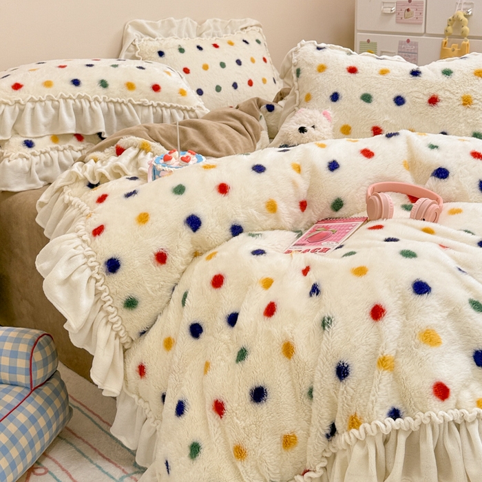 91家纺网 家纺一手货源 找家纺 米莱家纺 2025新款兔毛绒花边牛奶绒四件套 彩色圆点