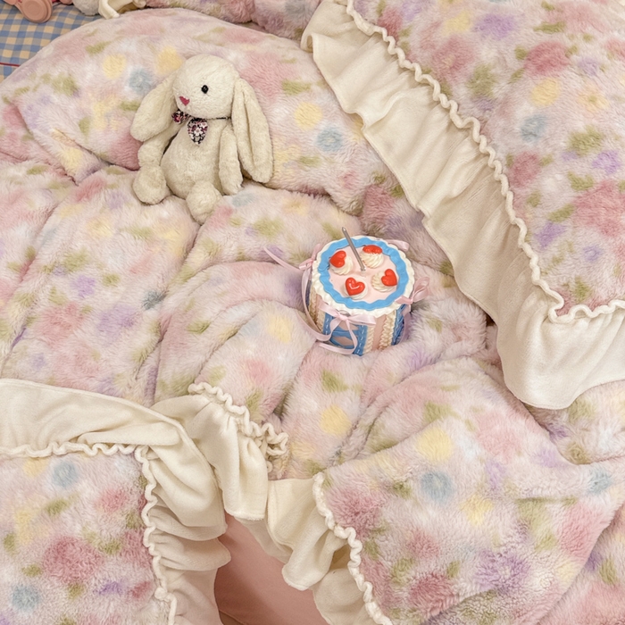 91家纺网 家纺一手货源 找家纺 米莱家纺 2025新款兔毛绒花边牛奶绒四件套 繁花