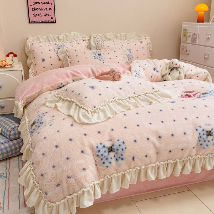 91家纺网 家纺一手货源 找家纺 米莱家纺 2025新款兔毛绒花边牛奶绒四件套 蝴蝶结