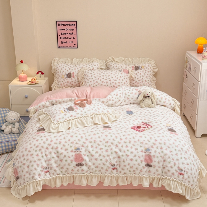 91家纺网 家纺一手货源 找家纺 米莱家纺 2025新款兔毛绒花边牛奶绒四件套 可爱兔