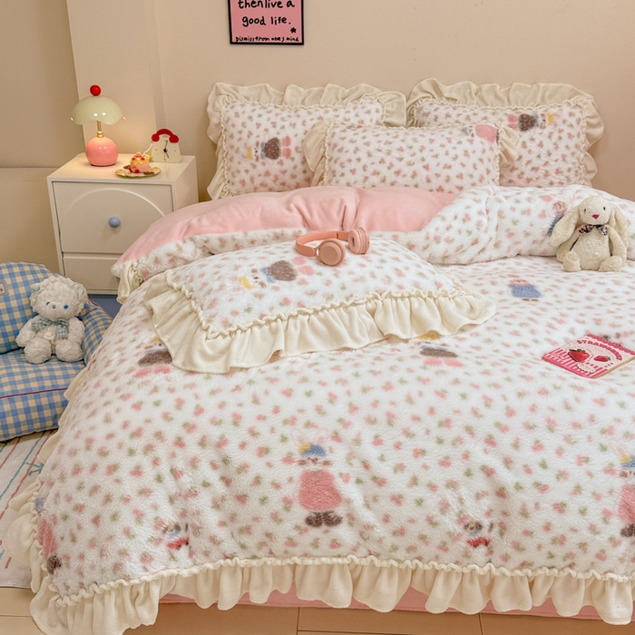 91家纺网 家纺一手货源 找家纺 米莱家纺 2025新款兔毛绒花边牛奶绒四件套 可爱兔