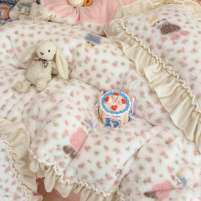 91家纺网 家纺一手货源 找家纺 米莱家纺 2025新款兔毛绒花边牛奶绒四件套 可爱兔
