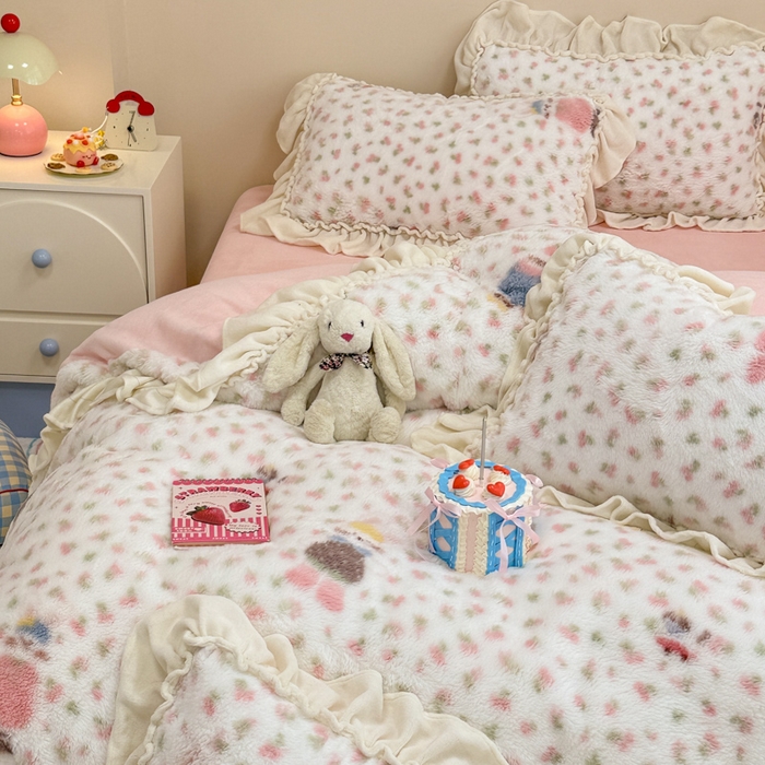 91家纺网 家纺一手货源 找家纺 米莱家纺 2025新款兔毛绒花边牛奶绒四件套 可爱兔