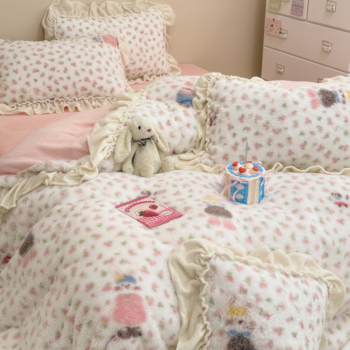 91家纺网 家纺一手货源 找家纺 米莱家纺 2025新款兔毛绒花边牛奶绒四件套 可爱兔