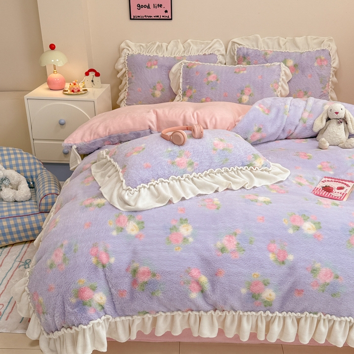 91家纺网 家纺一手货源 找家纺 米莱家纺 2025新款兔毛绒花边牛奶绒四件套 蔷薇